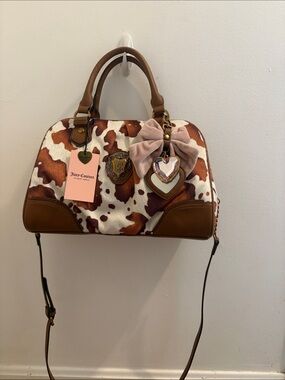 Juicy Couture Brown & White Cowhide Print Satchel with Heart Charm
